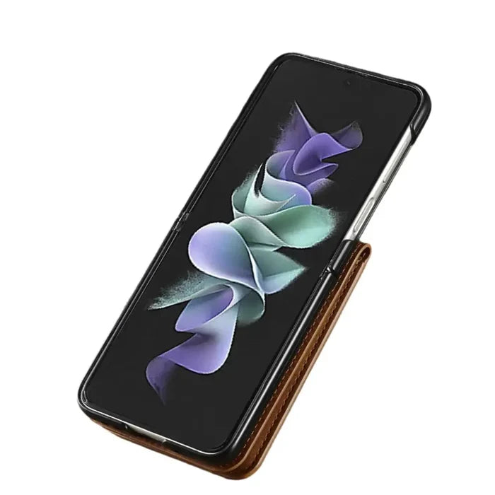 Leather cover for Samsung Galaxy Z Flip7 FE and Flip7 by 9eight5 from Habicare, shown in four different colors.