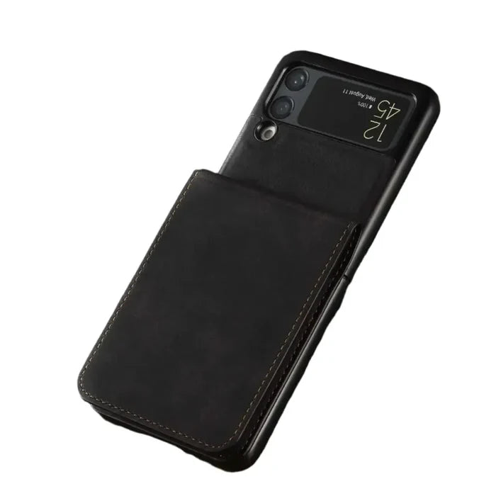 Leather cover for Samsung Galaxy Z Flip7 FE and Flip7 by Habicare, available in four colors, shown in black with textured surface.