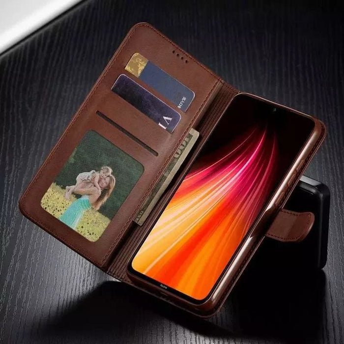 Brown leather flip case for Samsung Galaxy S20 FE by 9eight5, showing the front cover and phone viewing window.