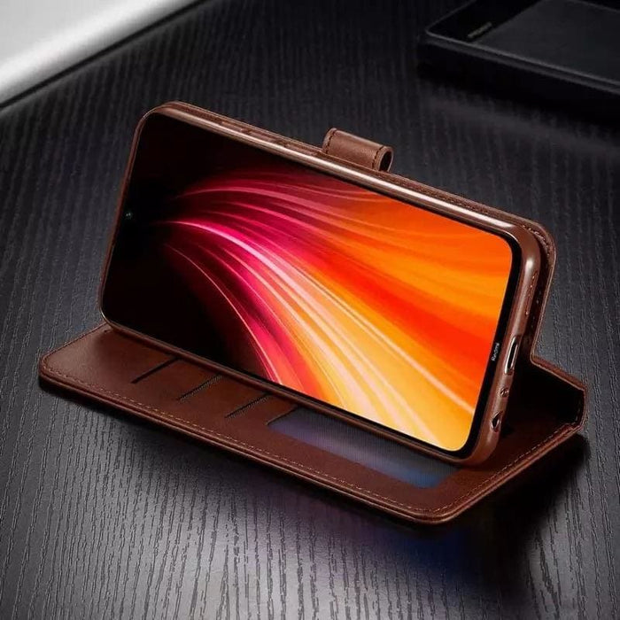 Brown leather flip case for Samsung Galaxy S20 FE by 9eight5, showing the front cover and phone screen inside.