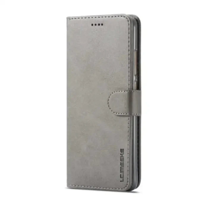 Gray leather flip cover for Samsung Galaxy series by Habicare, with magnetic closure and protective design.