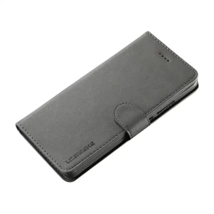 Gray leather flip cover for Samsung Galaxy series by Habicare, featuring magnetic closure and slim design.