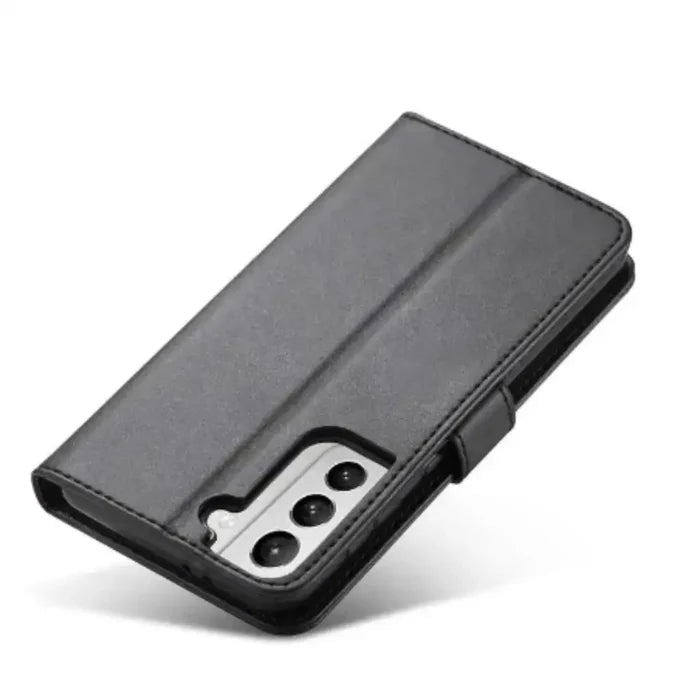 Gray leather flip cover for Samsung Galaxy smartphones by Habicare, featuring magnetic closure and stylish protection.