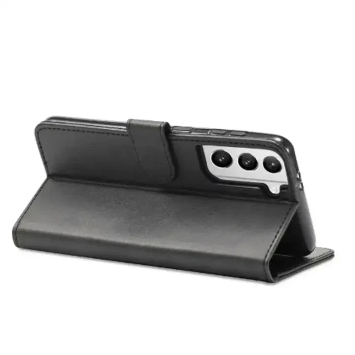 Gray leather flip cover for Samsung Galaxy series by Habicare, featuring magnetic closure and slim design for protection.