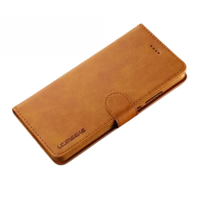 Yellow leather flip cover for Samsung Galaxy series by Habicare, featuring magnetic closure and precise cutouts.