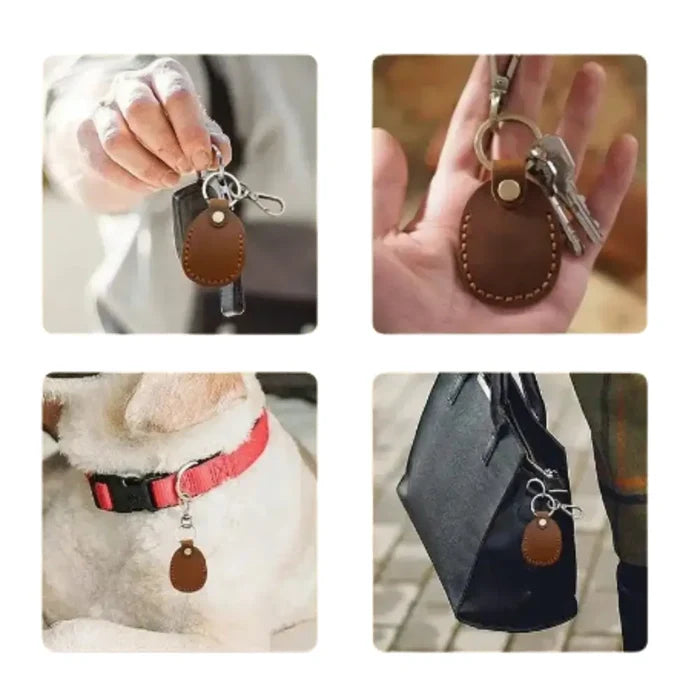 Habicare leather keyring case for Apple AirTags, available in four colors, designed for secure attachment and stylish storage.