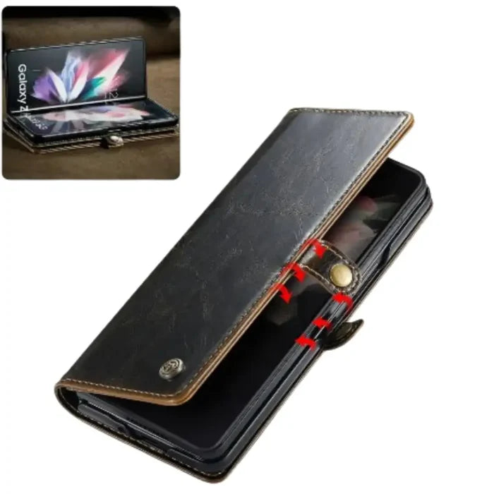 Habicare 9eight5 leather wallet case for Samsung Z Fold 6, 5, 4, 3 with card slots and protective cover.