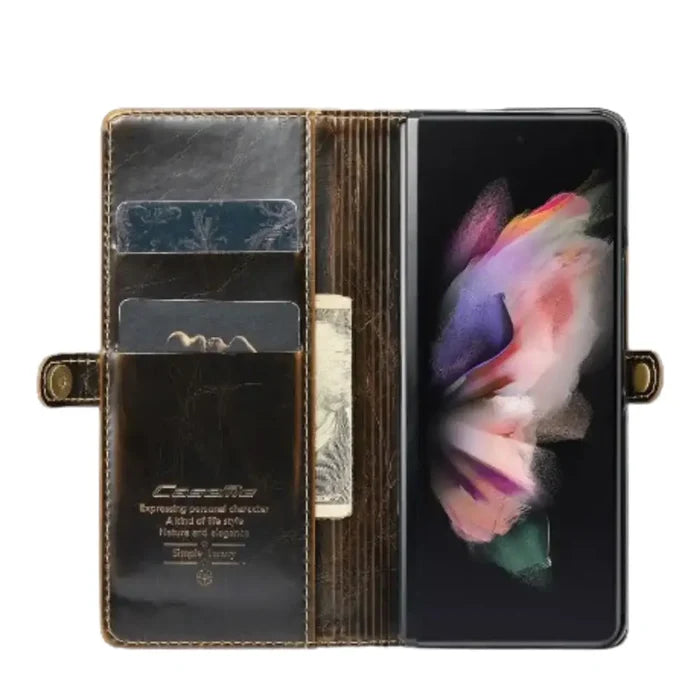 Habicare 9eight5 leather wallet case for Samsung Z Fold 6, 5, 4, 3 featuring card slots and protective design.