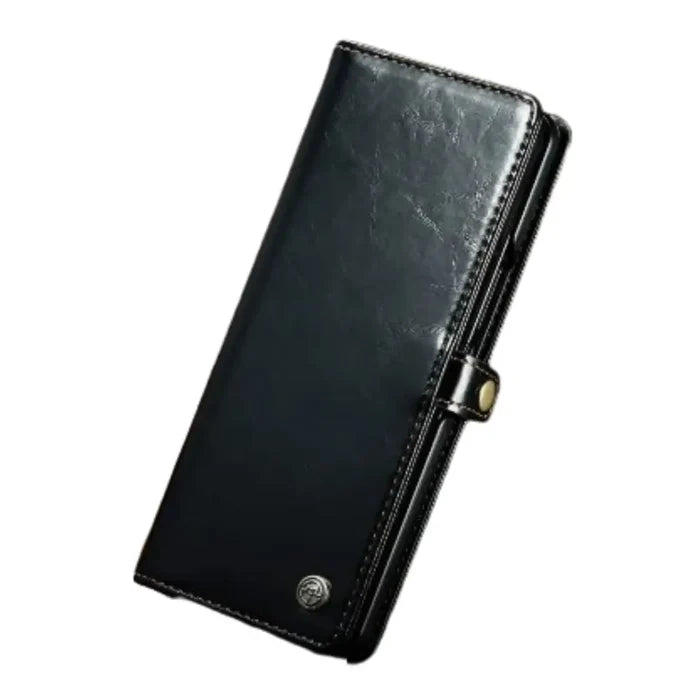 Leather wallet case for Samsung Z Fold 6/5/4/3 by Habicare, featuring card slots and protective design in black leather.