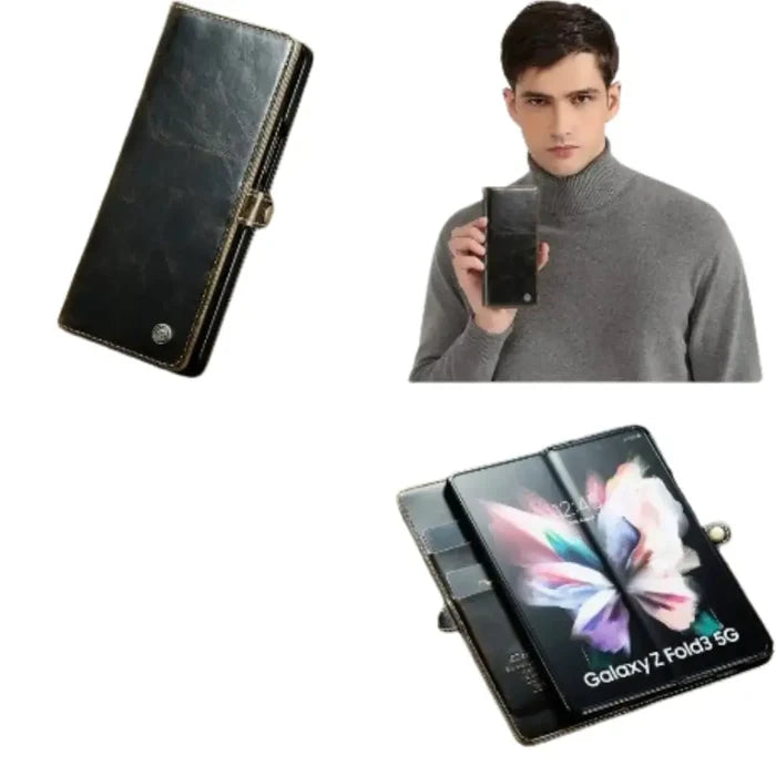 Leather wallet case for Samsung Z Fold 6/5/4/3 by 9eight5, featuring card slots and protective leather cover for Samsung foldable phones.
