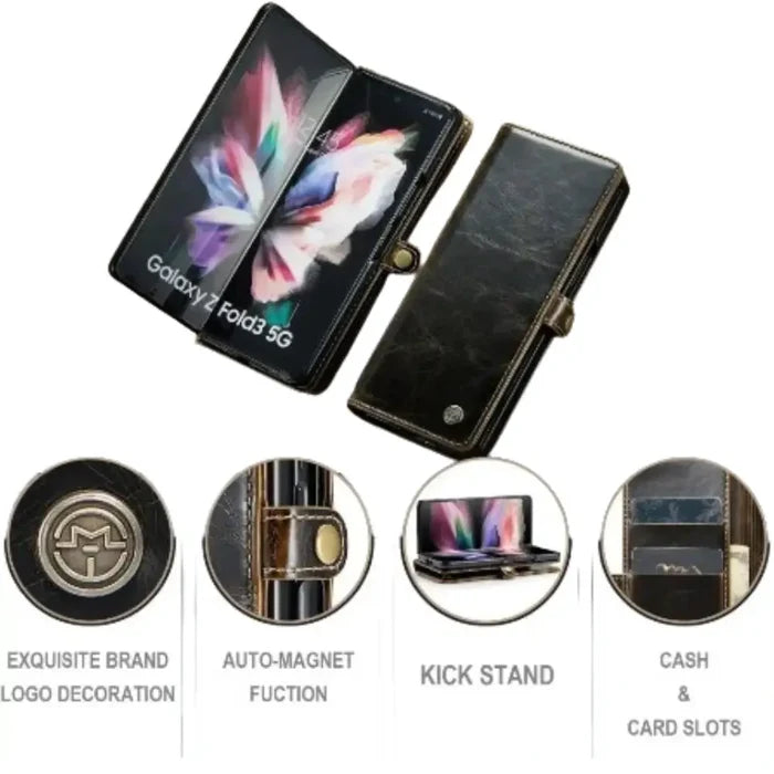 Leather wallet case for Samsung Z Fold 6/5/4/3 by 9eight5, featuring multiple card slots and a sleek leather finish.