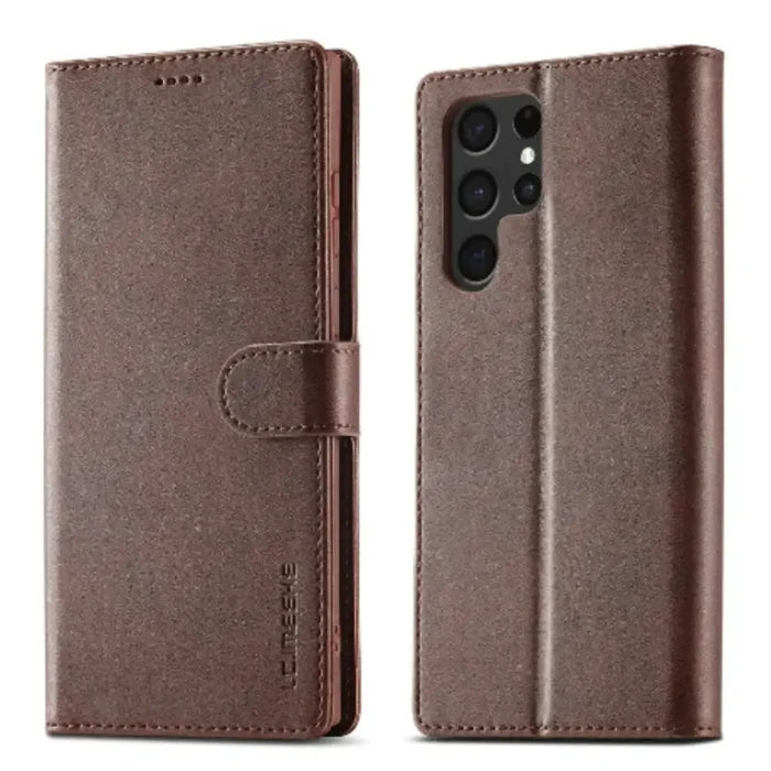 Brown leather flip wallet case for Samsung Galaxy by 9eight5, designed by Habicare, featuring card slots and protective cover.