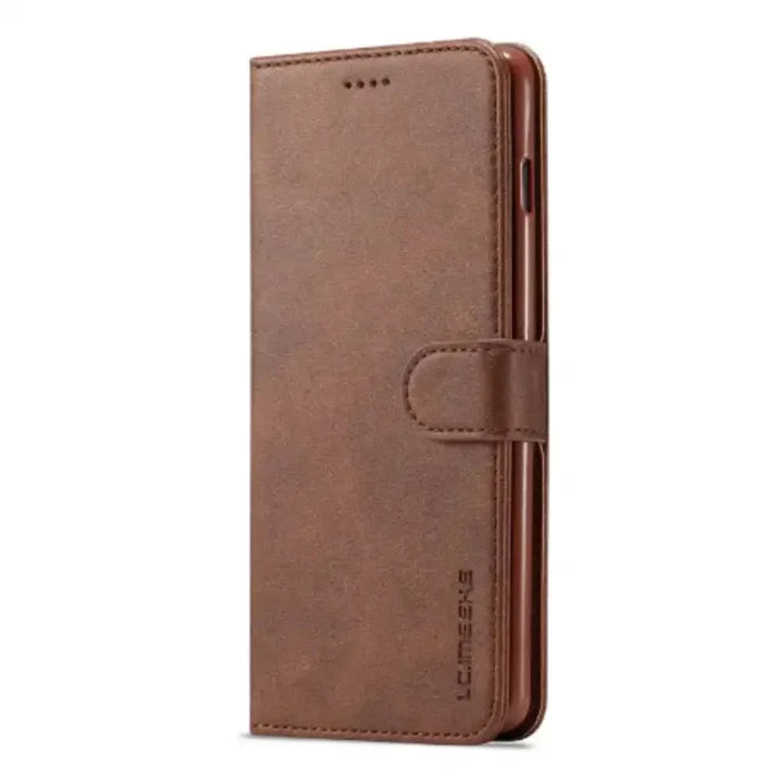 Brown leather flip case for Samsung Galaxy, 9eight5 brand by Habicare, designed to protect and style your smartphone.