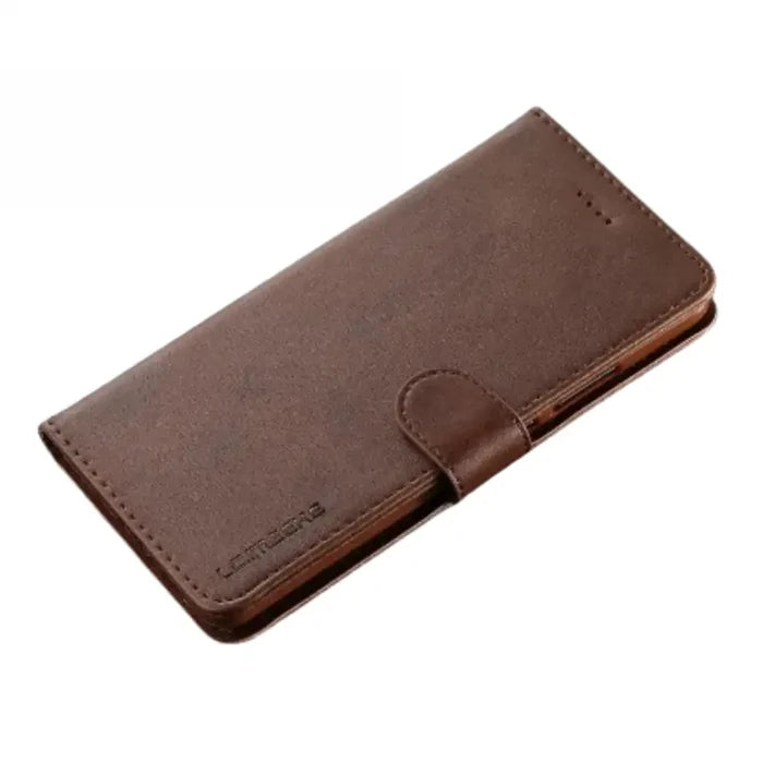 Brown leather flip wallet case for Samsung Galaxy, by Habicare, offers stylish protection and card slots.