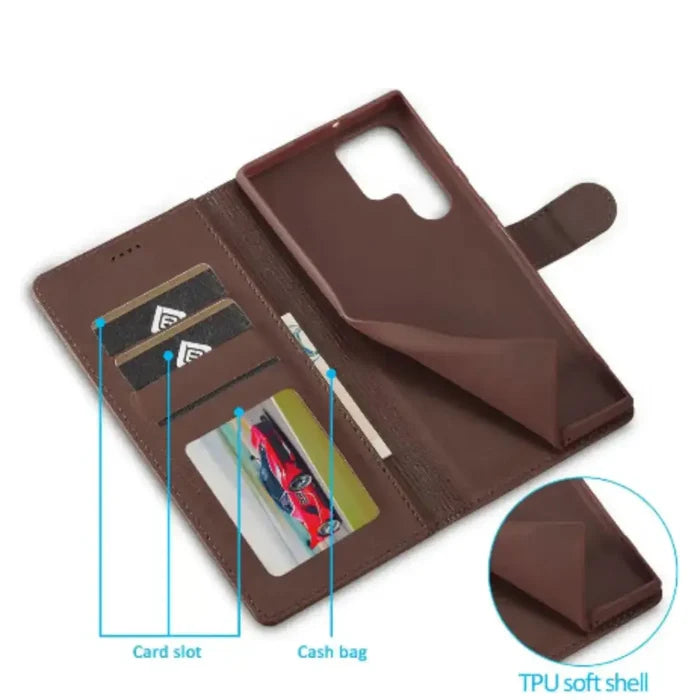 Brown leather flip case for Samsung Galaxy by Habicare, 9eight5 brand, featuring card slots and protective cover.