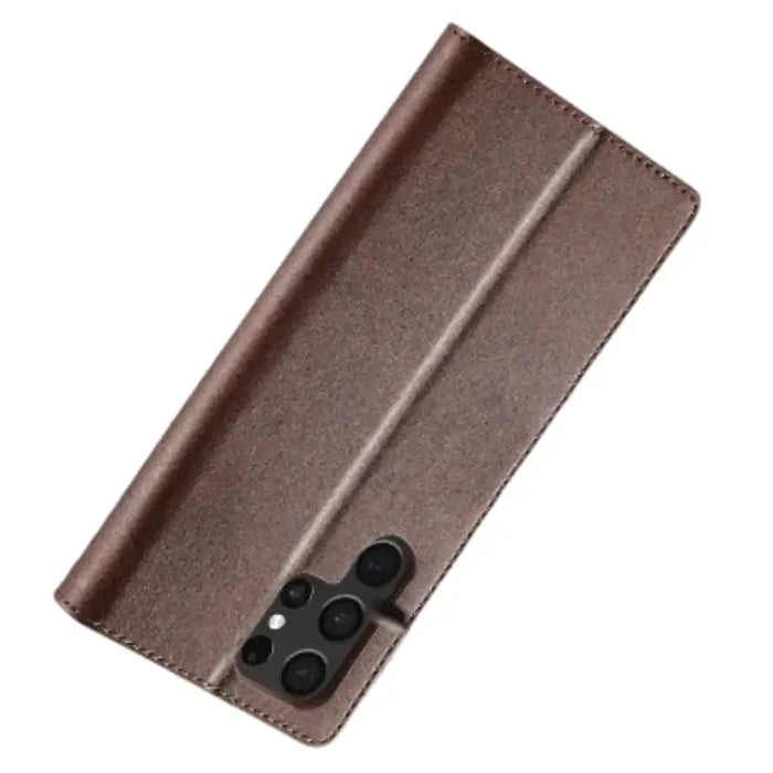 Brown leather flip case for Samsung Galaxy by 9eight5, featuring a stylish wallet design from Habicare.