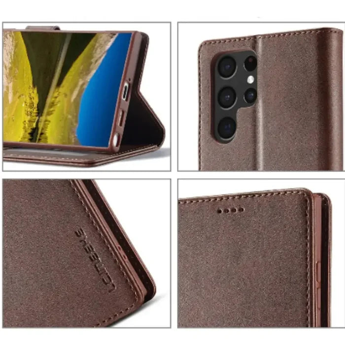 Brown leather flip case for Samsung Galaxy by 9eight5 from Habicare, featuring a secure wallet-style design with card slots.