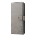 Gray leather flip wallet case for Samsung Galaxy, branded 9eight5 by Habicare, offering stylish protection and storage.