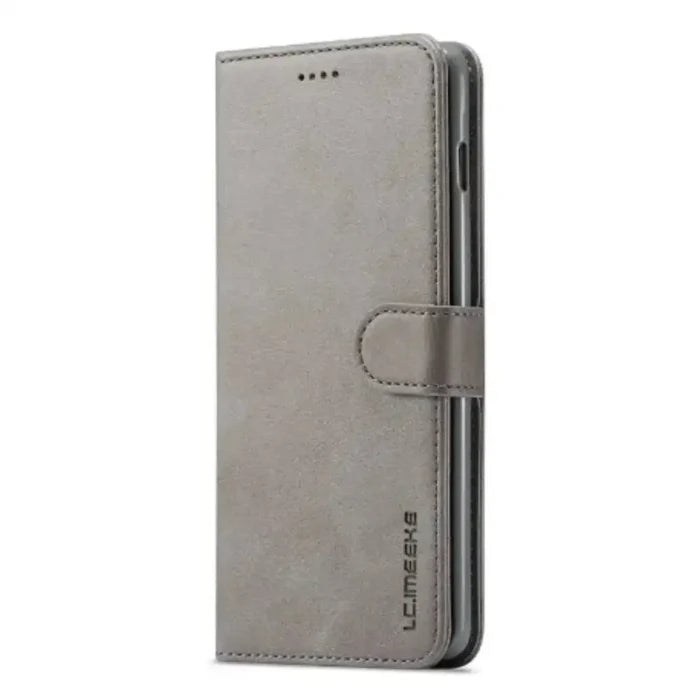 Gray leather flip wallet case for Samsung Galaxy, branded 9eight5 by Habicare, offering stylish protection and storage.