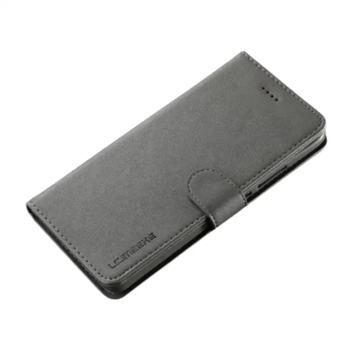 Gray leather flip wallet case for Samsung Galaxy smartphones by Habicare, featuring card slots and protective design.
