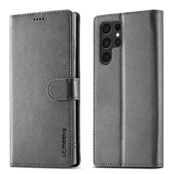 Gray leather flip wallet case for Samsung Galaxy series by Habicare, featuring card slots and protective cover.