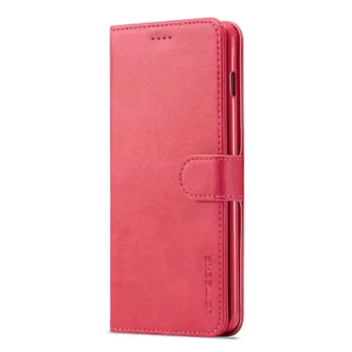 Habicare 9eight5 leather flip wallet case for Samsung Galaxy in rose red, featuring card slots and protective cover.