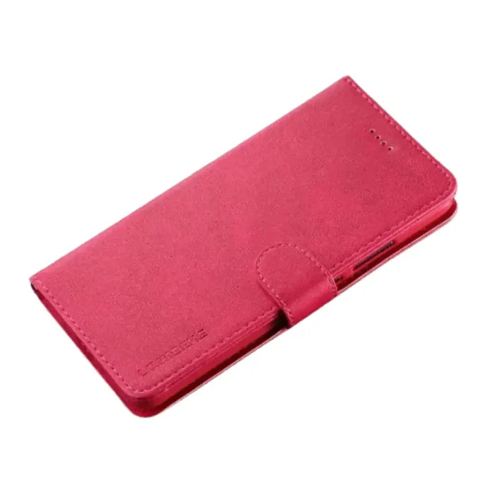 Habicare 9eight5 leather flip case in rose red for Samsung Galaxy series, featuring a stylish wallet design with card slots.