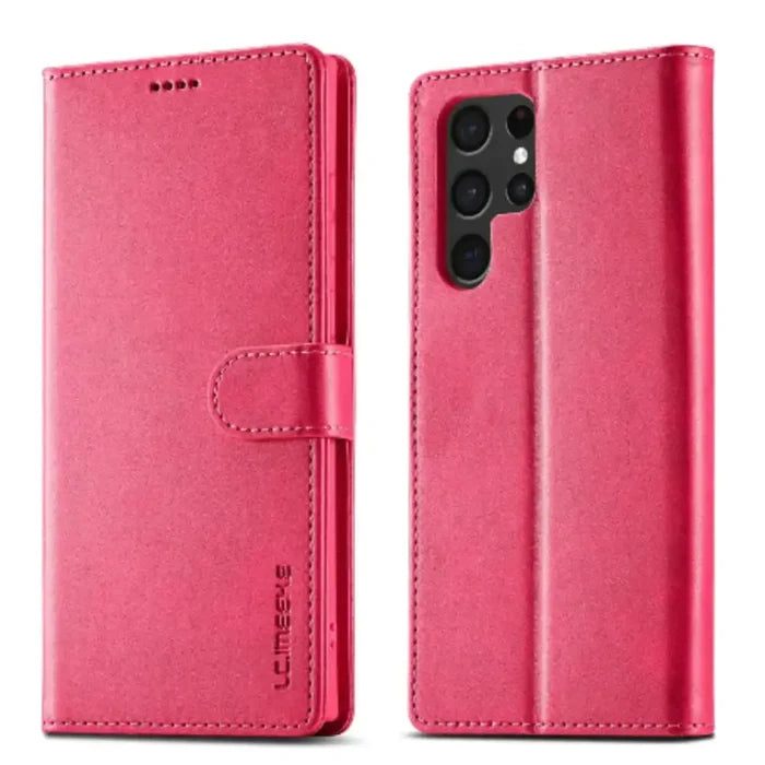 Habicare 9eight5 leather flip wallet case for Samsung Galaxy in rose red, featuring card slots and protective cover.