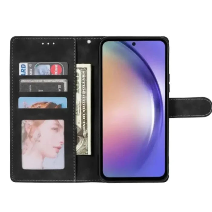 Black leather flip case for Samsung Note and S Series smartphones, designed by 9eight5 brand, offers stylish protection.