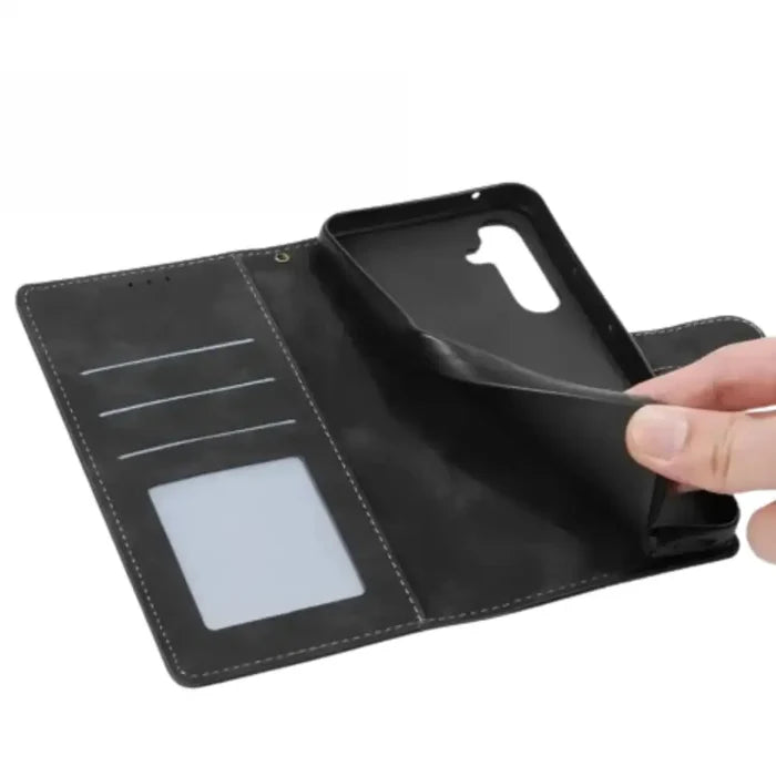 Black leather flip case for Samsung Note and S Series by Habicare, featuring a slim, protective design with card slots.