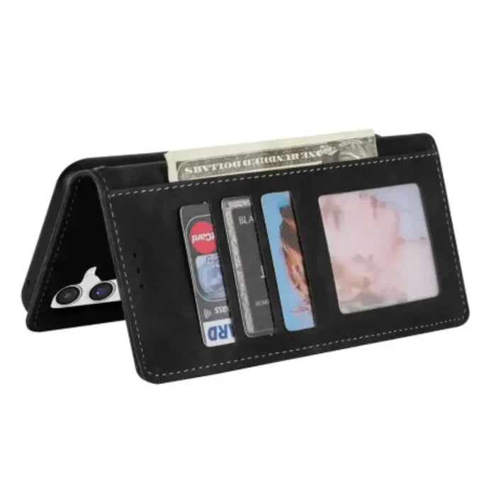Black leather flip case for Samsung Note and S Series by 9eight5 from Habicare, showing the wallet-style design with card slots.