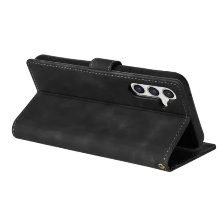 Black leather flip case for Samsung Note and S Series phones by 9eight5 brand, featuring a stylish protective wallet design.