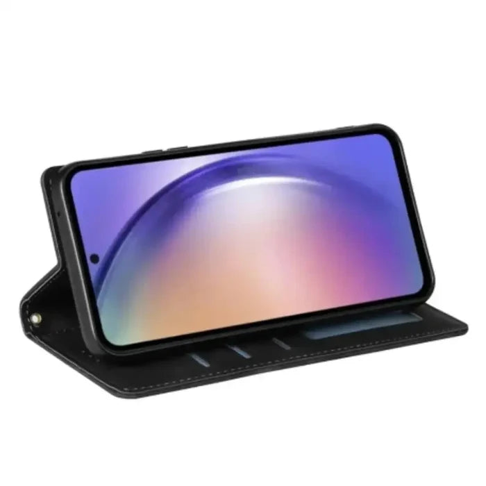 Black leather flip wallet case for Samsung Note and S Series smartphones by Habicare, with card slots and protective cover.