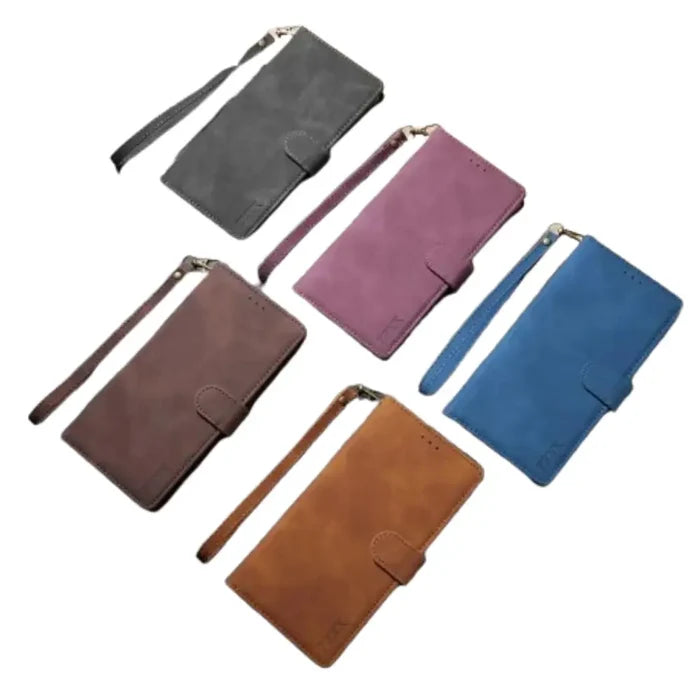 Blue leather flip wallet case for Samsung Note and S Series by Habicare, featuring card slots and secure closure.