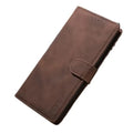 Habicare 9eight5 leather flip wallet case in coffee for Samsung Note and S Series smartphones, featuring card slots and protective design.