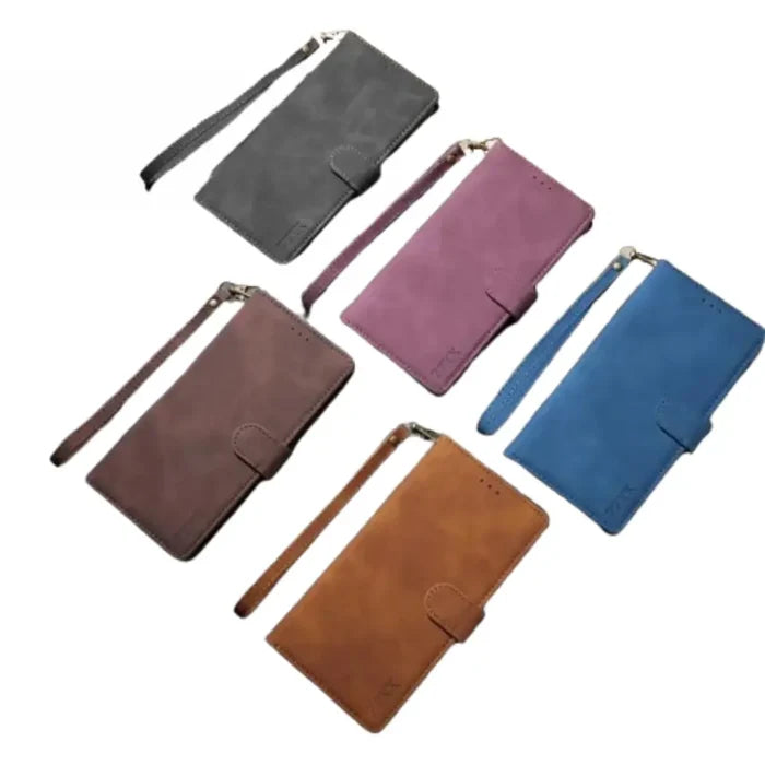 Habicare 9eight5 leather flip wallet case in coffee for Samsung Note and S Series smartphones, featuring card slots and protective cover.