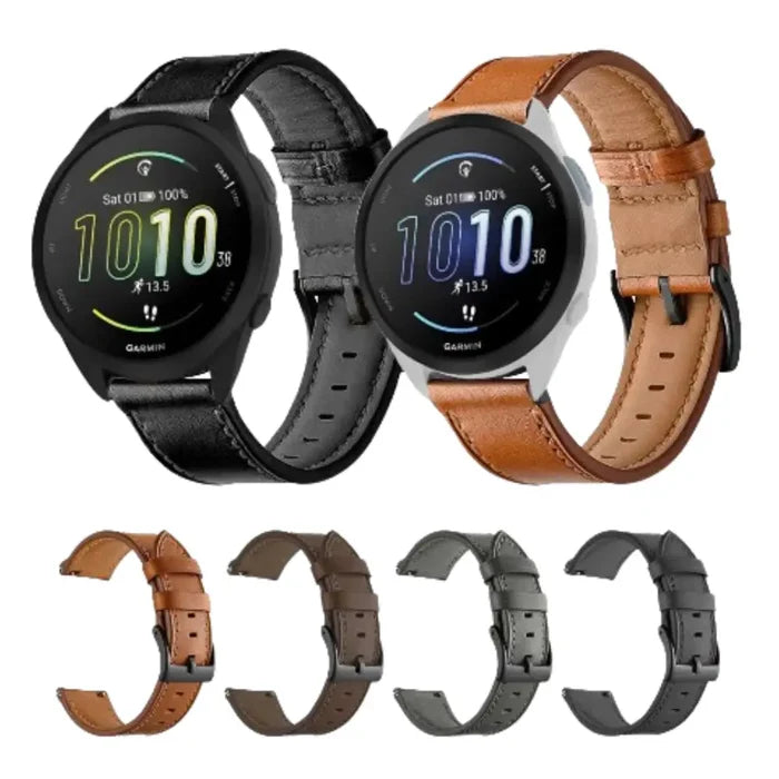 Leather watch strap for Garmin Forerunner 245 by Habicare, shown in one of 12 available colors, with TWS design and stitching details.