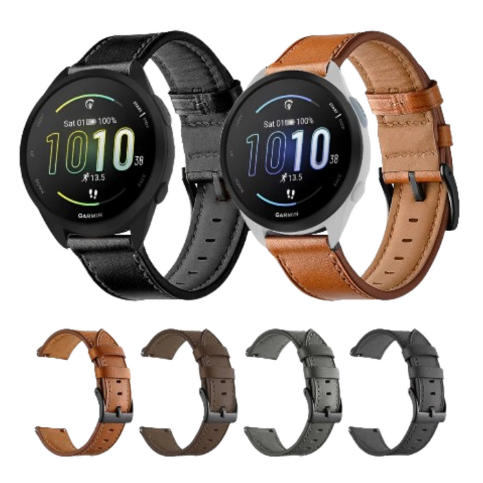 Habicare leather TWS watch strap in various colors for Garmin Forerunner 645, showcasing its stylish design and adjustable fit.