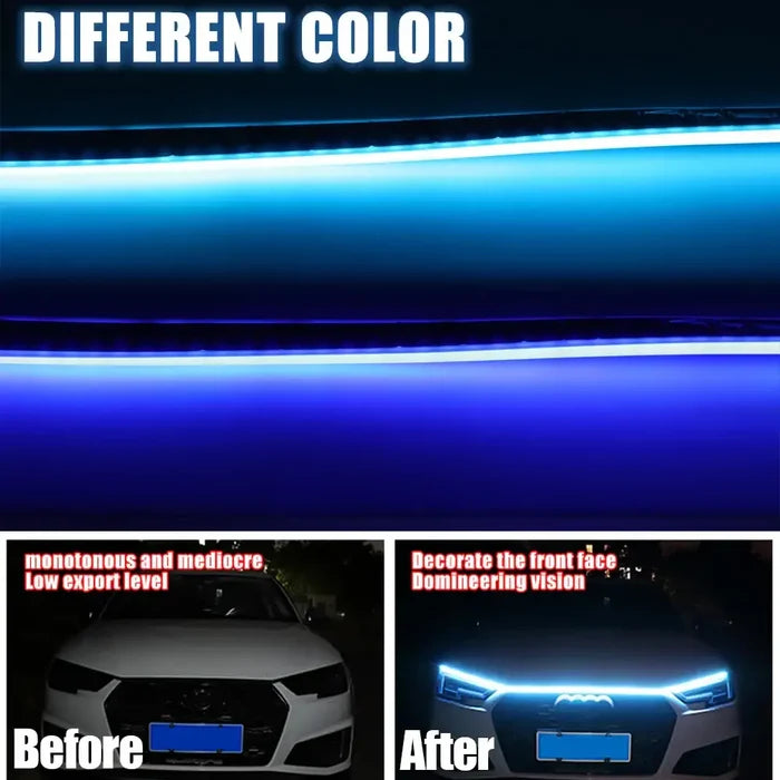 Habicare HBC LED car hood light strip in various colors and sizes installed under a vehicle's hood for decorative lighting.