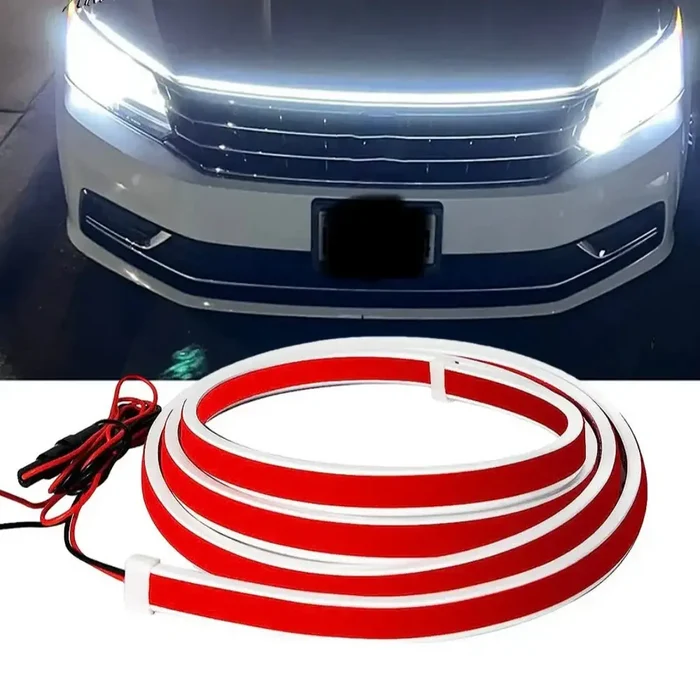 Habicare HBC LED car hood light strip in various colors and sizes, illuminated on a vehicle hood for improved visibility and style.