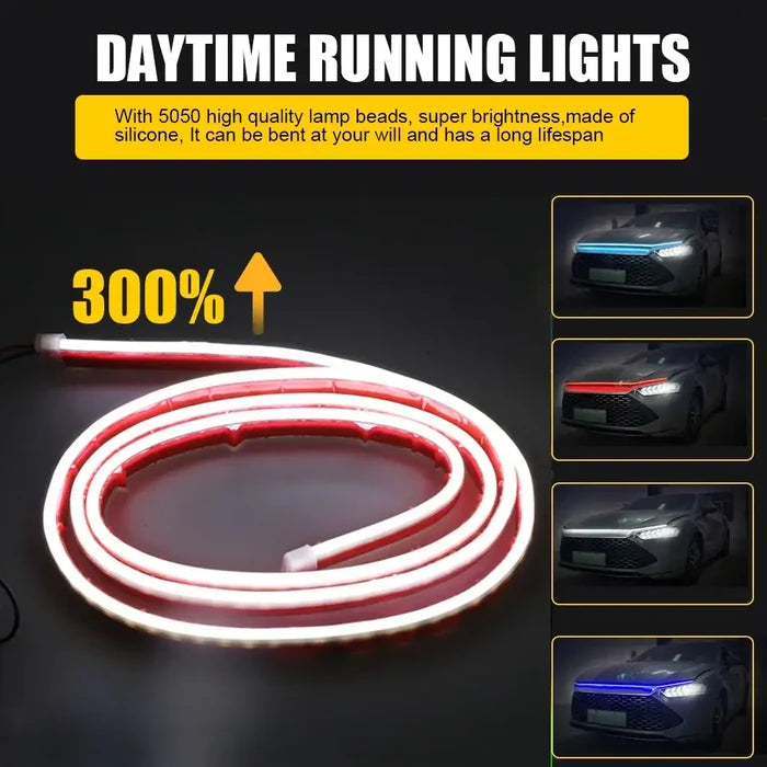 Habicare HBC LED car hood light strip in various colors and sizes, installed under the hood for automotive lighting and visibility.