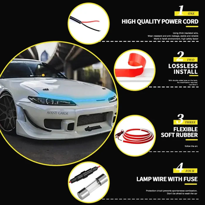 HBC Habicare LED Car Hood Light Strip in various colors and sizes, installed under the car hood for illumination and style.
