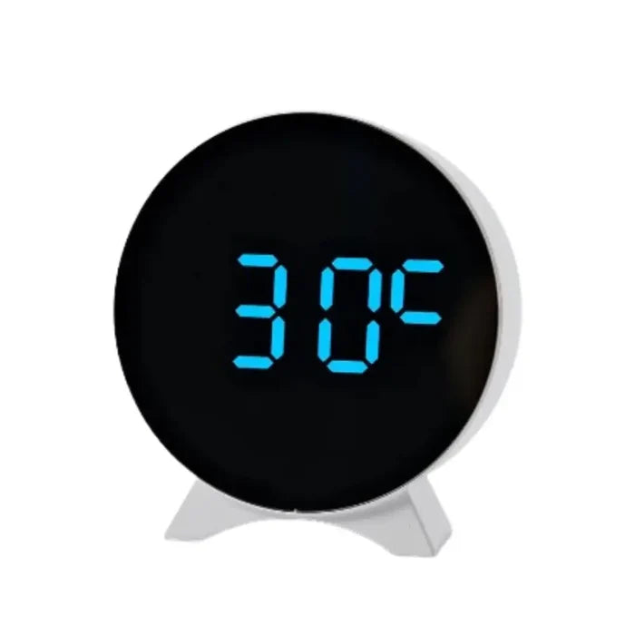 Habicare LED digital alarm clock with adjustable brightness, dual alarms, and display of date and temperature.