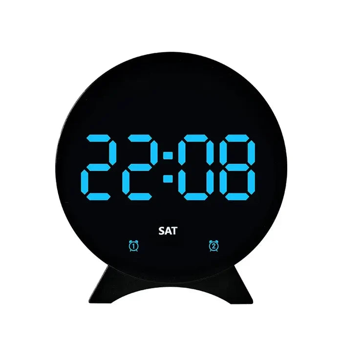 Habicare LED digital alarm clock with adjustable brightness, dual alarms, date, and temperature display on a sleek black clock face.