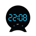 Habicare LED digital alarm clock with adjustable brightness, dual alarms, date, and temperature display on a sleek black clock face.