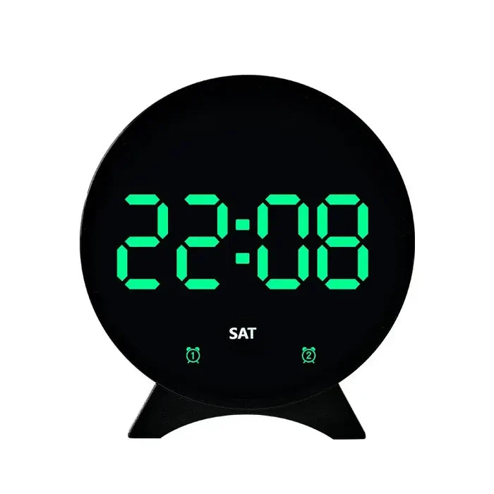 Habicare LED digital alarm clock with adjustable brightness, dual alarms, date, and temperature display on a sleek black background.