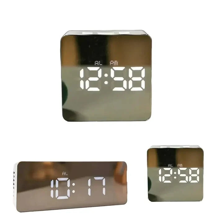 Habicare LED mirror alarm clock with temperature display and smart night light in two shapes, featuring sleek mirror design.