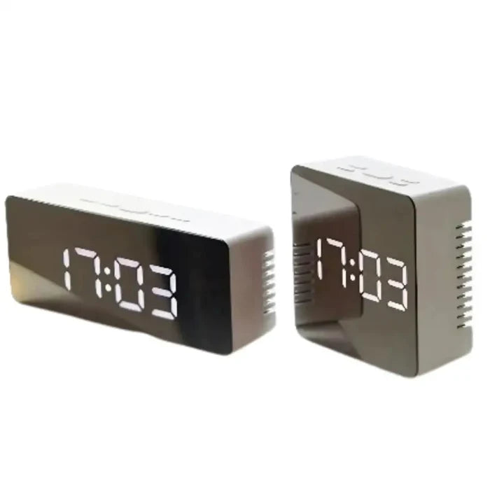 Habicare LED mirror alarm clock with temperature display and smart night light, available in two shapes, reflecting its sleek design.