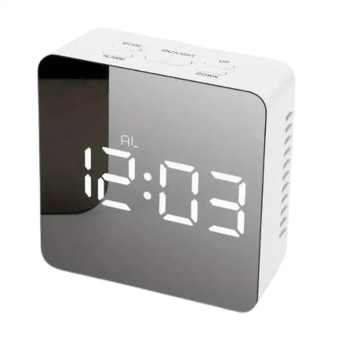 Habicare LED mirror alarm clock with temperature display and smart night light, available in two shapes, sleek and modern design.