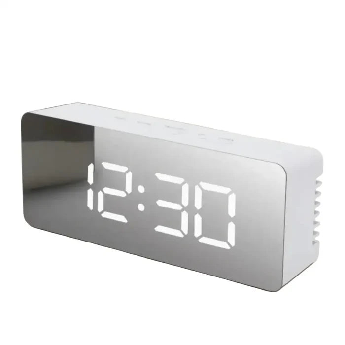Habicare LED mirror alarm clock with temperature display and smart night light, available in two shapes, modern bathroom accessory.